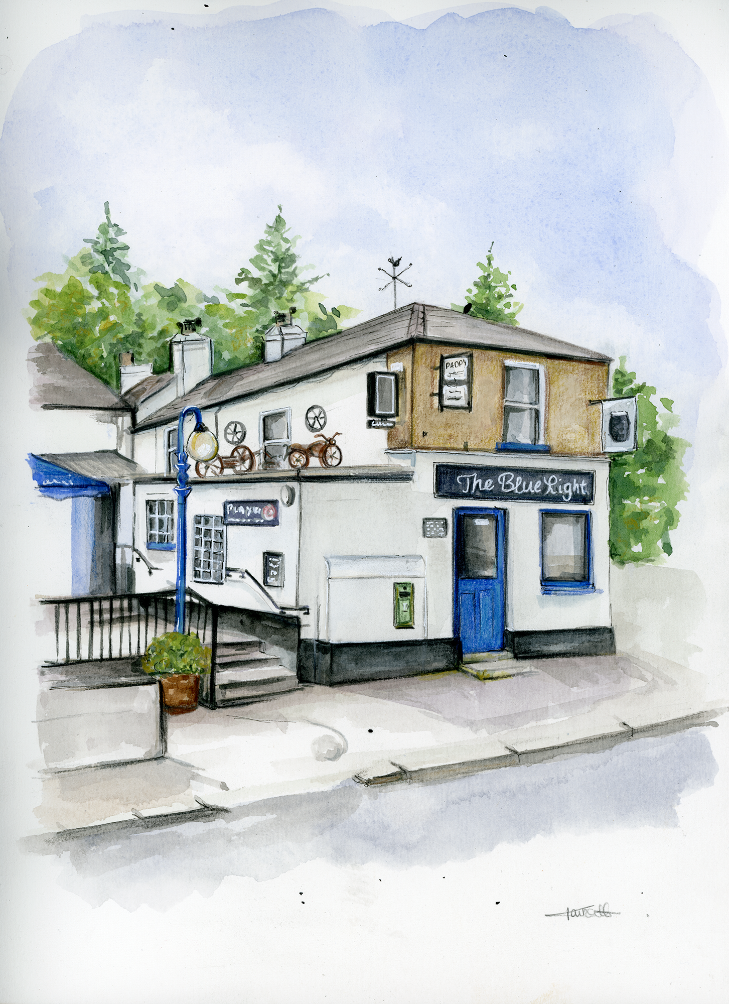 Watercolour painting of the Blue light pub in Dublin, Blue wood work and white walls