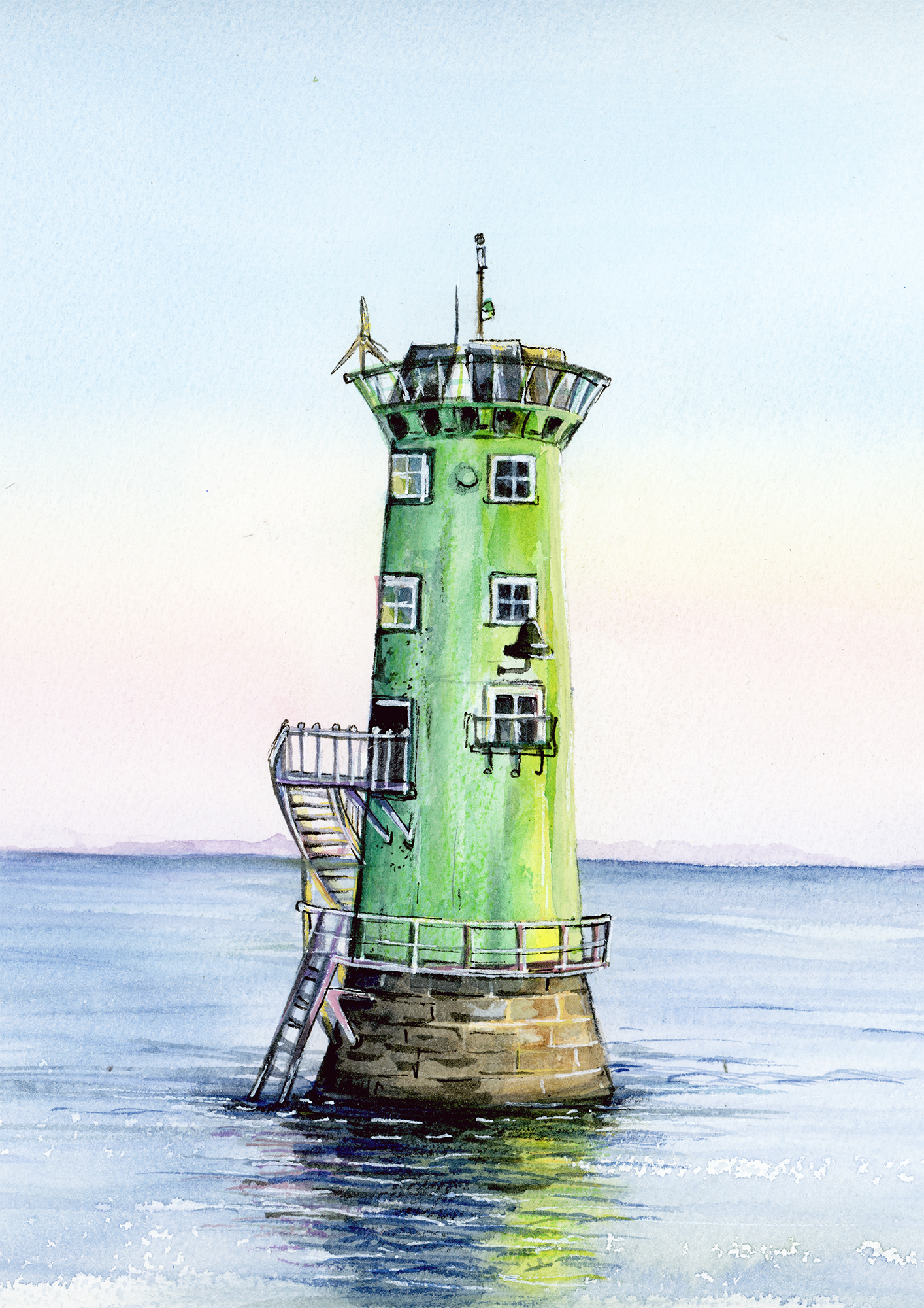 Artistic depiction of the green North Bull lighthouse on water with a clear sky.