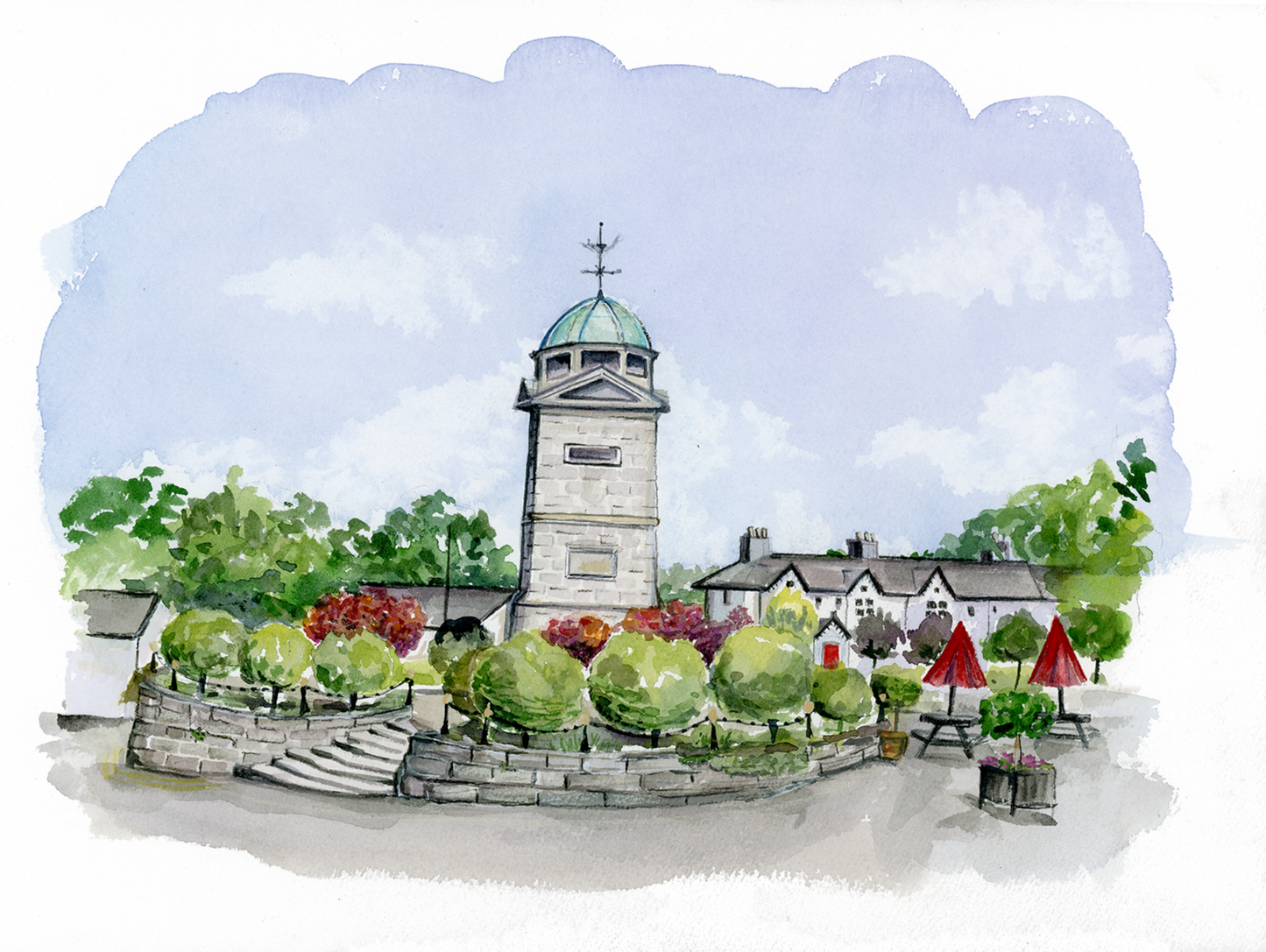Illustration of Enniskerry, County Wicklow, town square with a clock tower and greenery