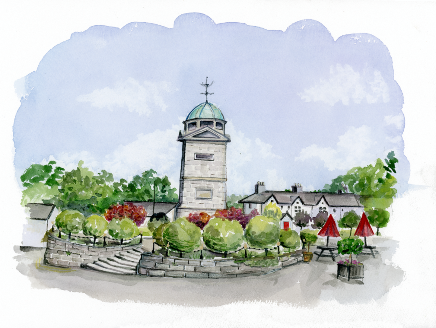 Illustration of a town square with a clock tower and greenery