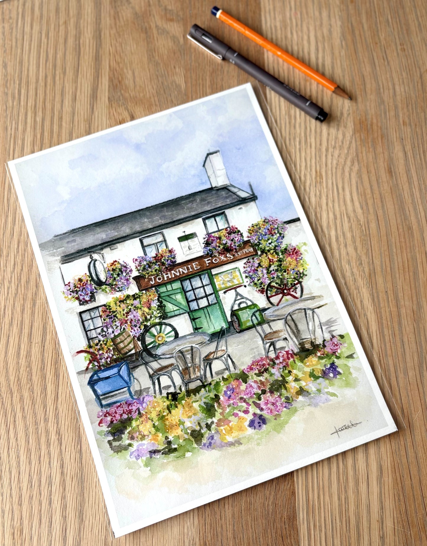 Colorful illustration of a pub Johnnie Foxes with flowers on a wooden surface