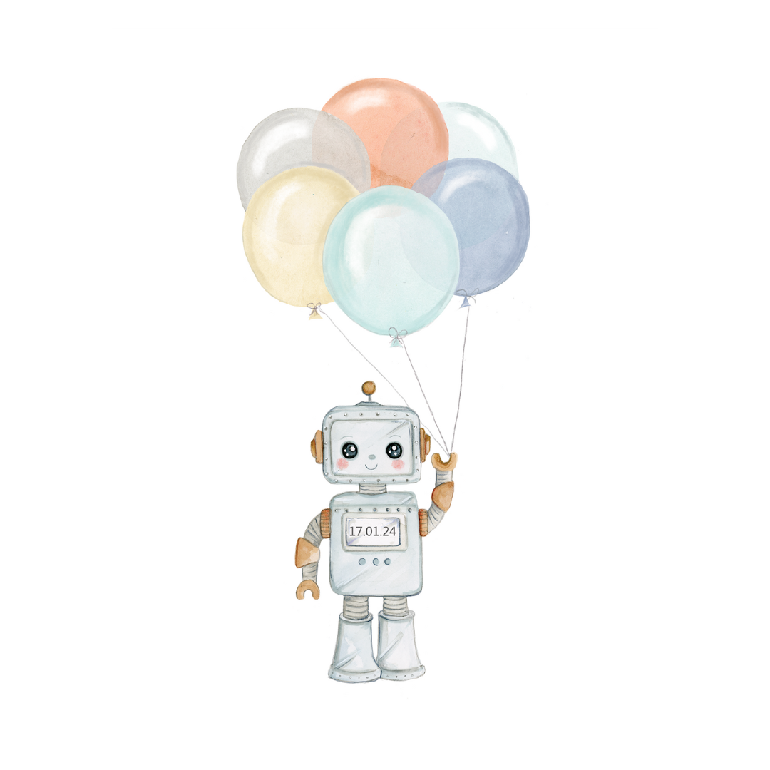 Print of Robot & Balloons Illustration