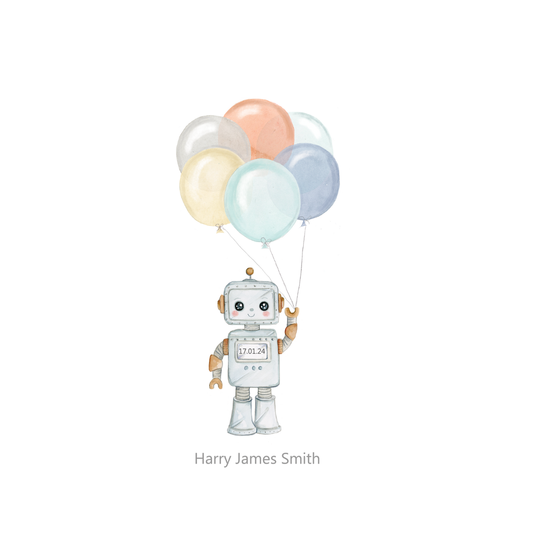 Print of Robot & Balloons Illustration