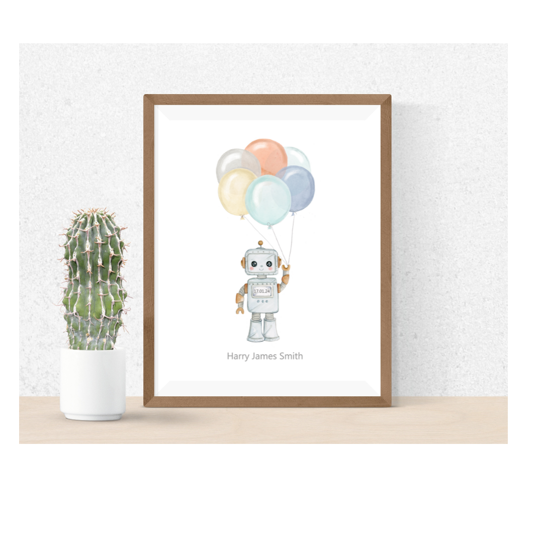 Print of Robot & Balloons Illustration