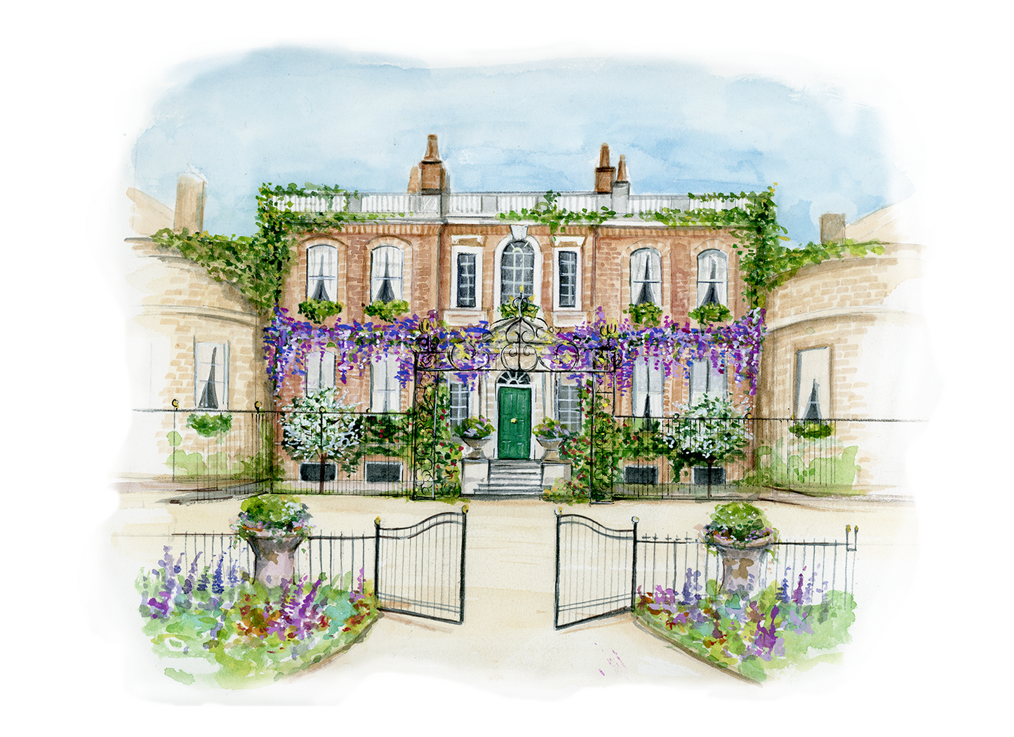 Illustration of a grand house from the Brigerton TV Series on Netflix with decorative elements and flowers