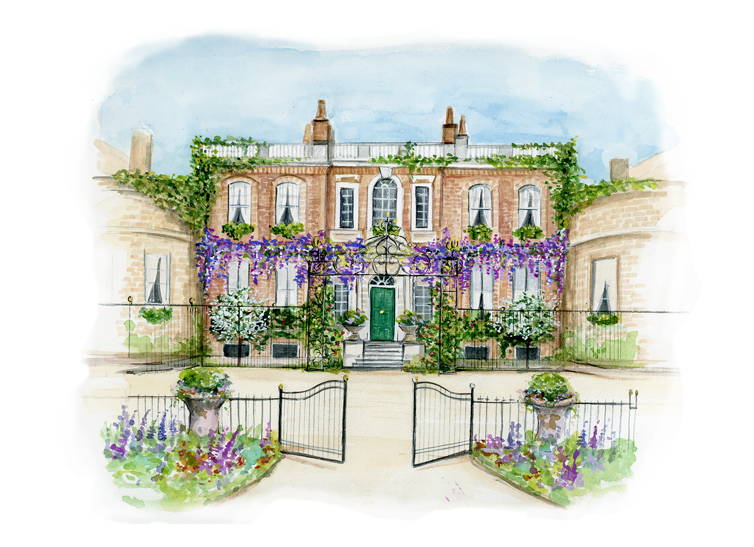 Illustration of a grand house from the Brigerton TV Series on Netflix with decorative elements and flowers