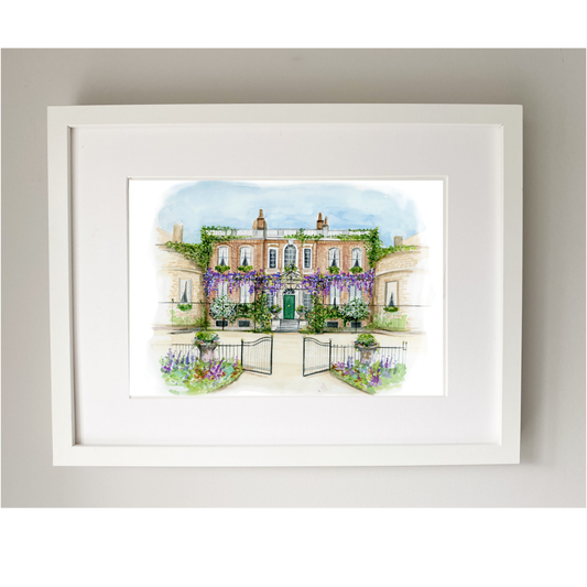 Framed painting/artwork of the Brigerton redbrick stately house