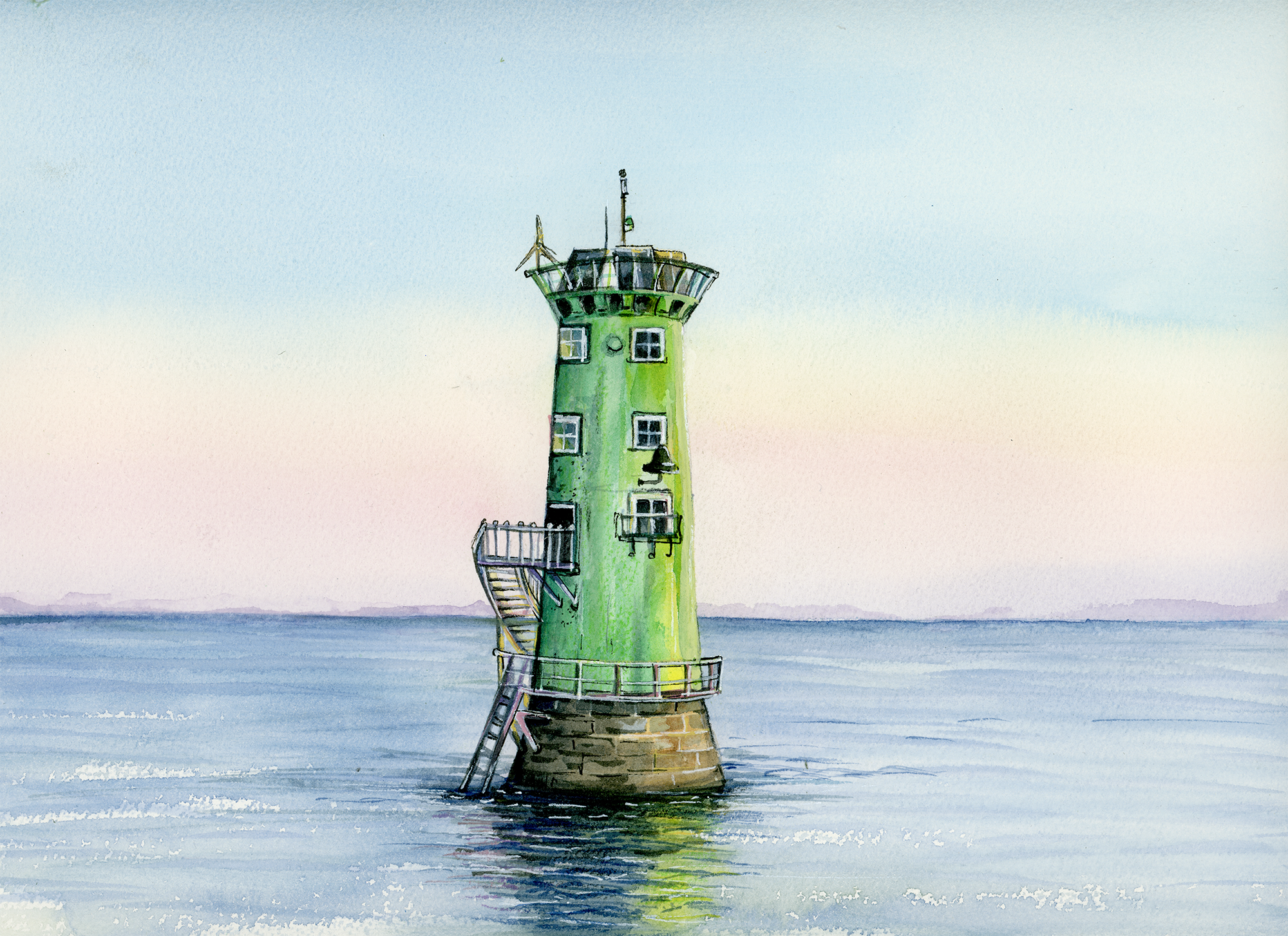 Green lighthouse on a stone base in the middle of a calm body of water with a pastel sky.