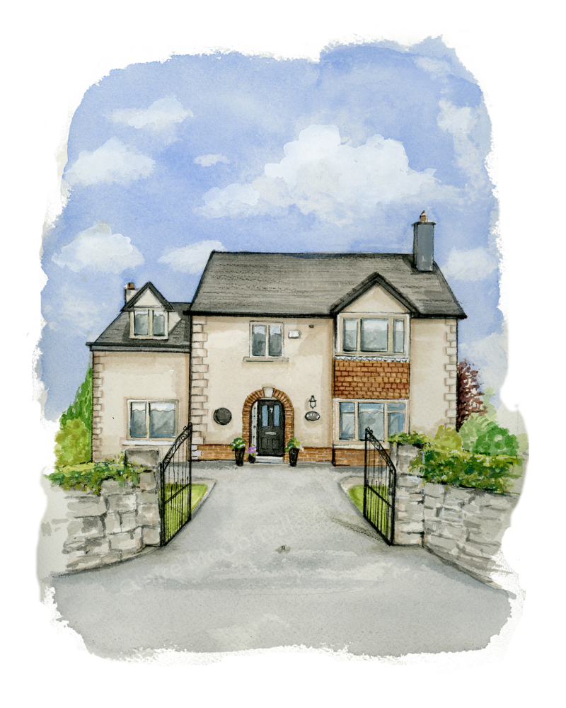 Watercolor-style illustration of a two-story house with a gray roof, cream and brick facade, driveway, stone walls, and a blue sky with white clouds.
