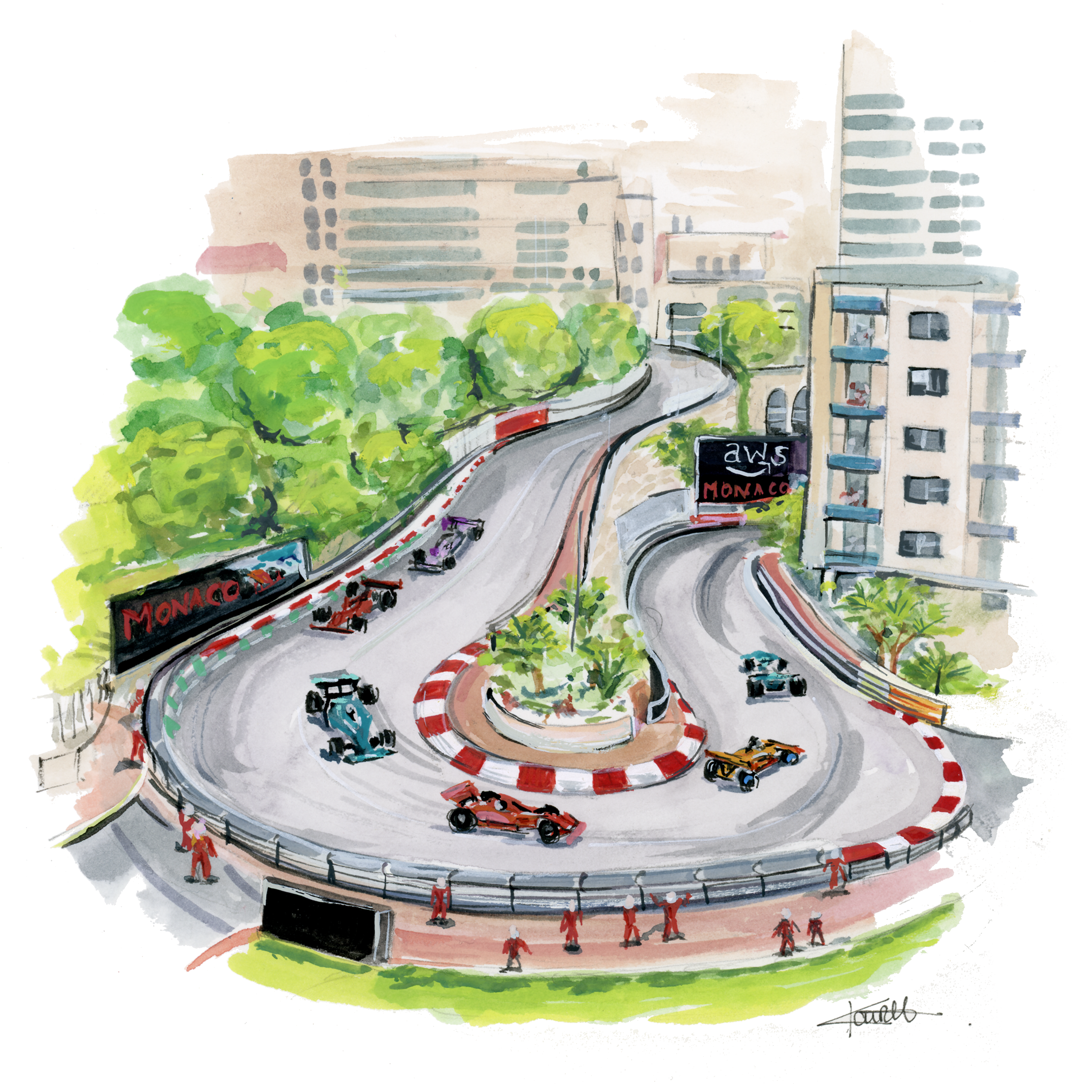 Paintiing illustration of a Monaco F1 race track with cars and Monaco-themed elements.