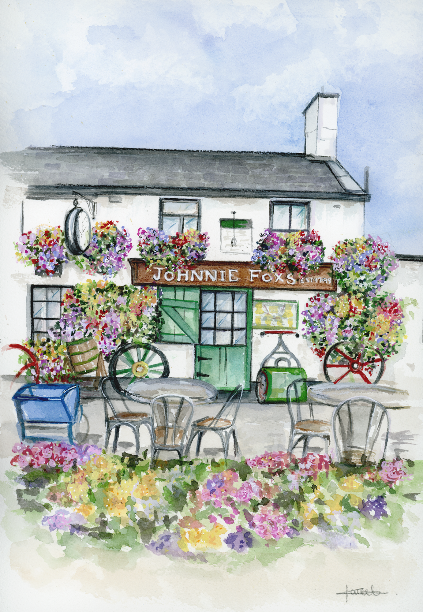 Illustration of a quaint pub named 'Johnnie Fox's' with floral decorations and outdoor seating.